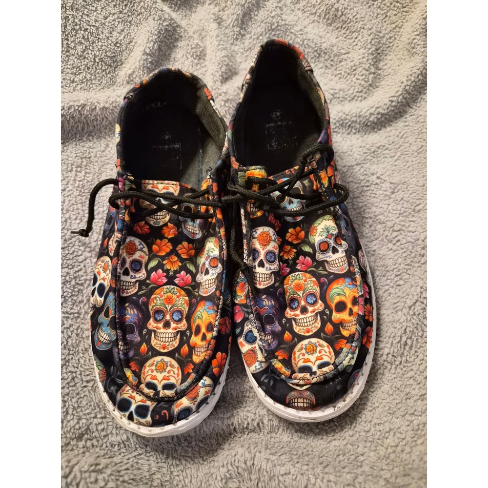 Sugar Skull Floral Canvas Loafers Day of the Dead Slip On Shoes Multicolor